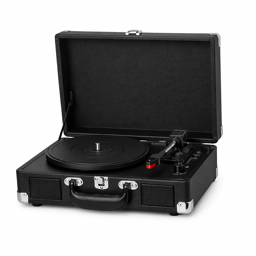 Gira‑Discos Retro em Mala de Couro | Bluetooth + Colunas | Envio EU